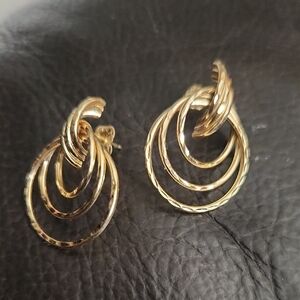 Vintage 14K Yellow Gold Triple Tube Textured Hoop Earrings, Simple Unique Classy